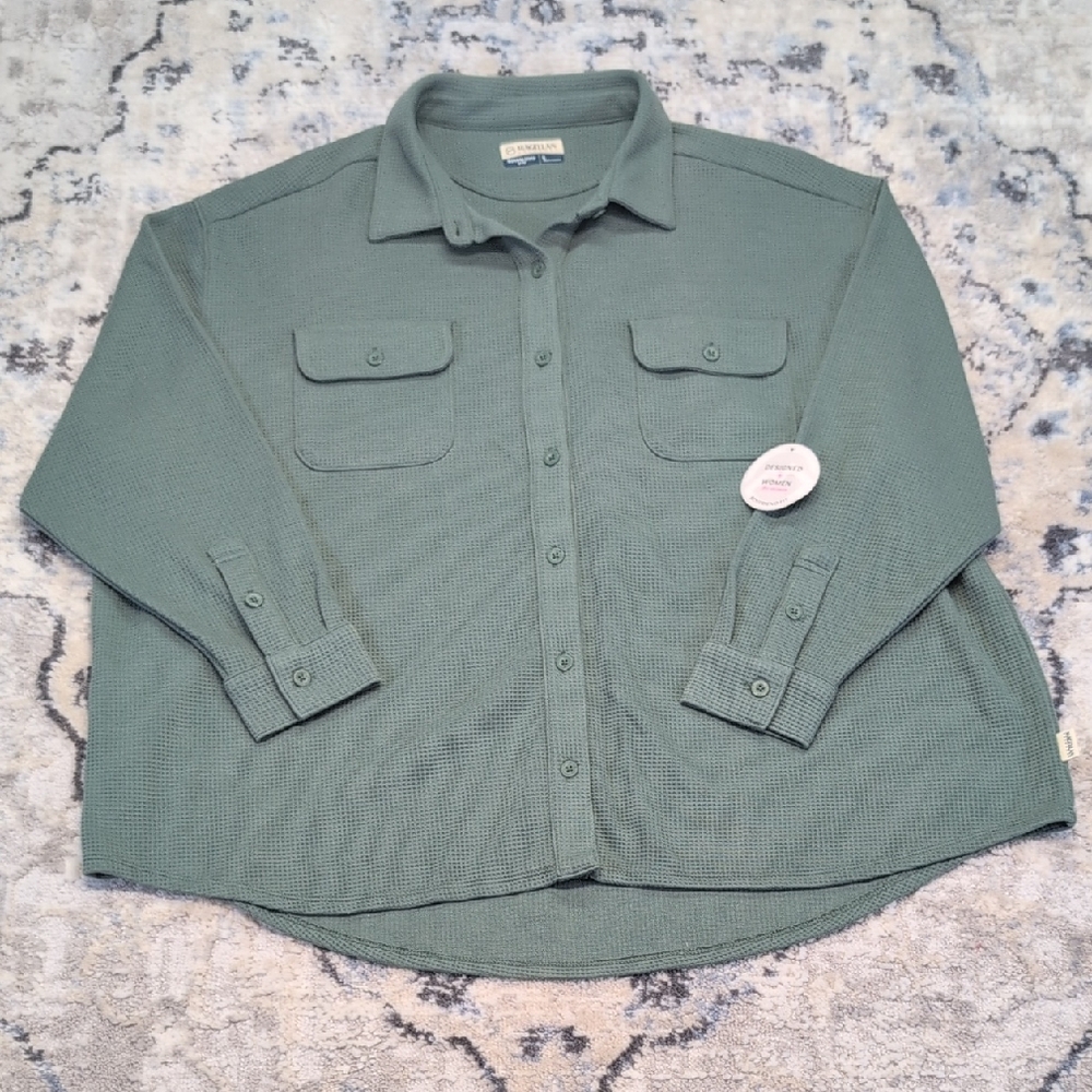Magellan Outdoors Boyfriend Fit Waffle Button Down Shirt Women’s L Green NWT